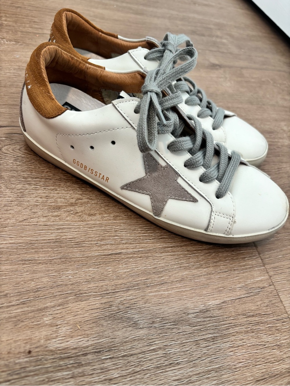 Golden Goose White Leather Sneakers with Gray Star and Tan Collar